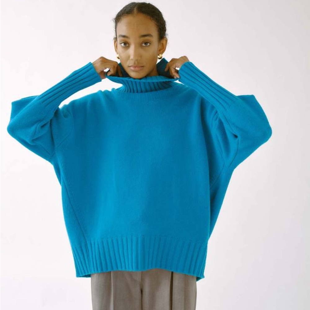 High Collar Wool Sweater in Turquoise